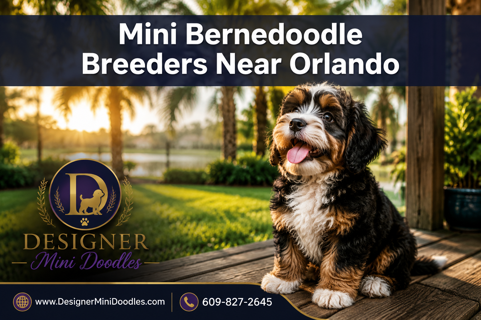Professional () editorial hero image featuring 'Mini Bernedoodle Breeders Near Orlando' in crisp white with subtle dark drop