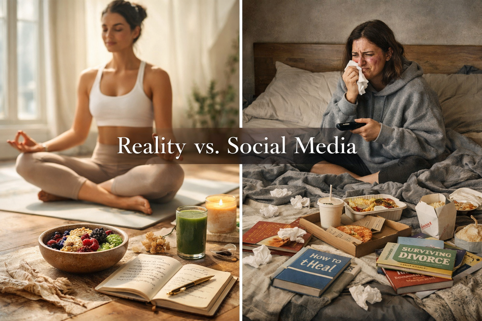 Landscape format (1536x1024) image showing split-screen comparison: left side depicts Instagram-perfect healing with yoga poses, perfect smo