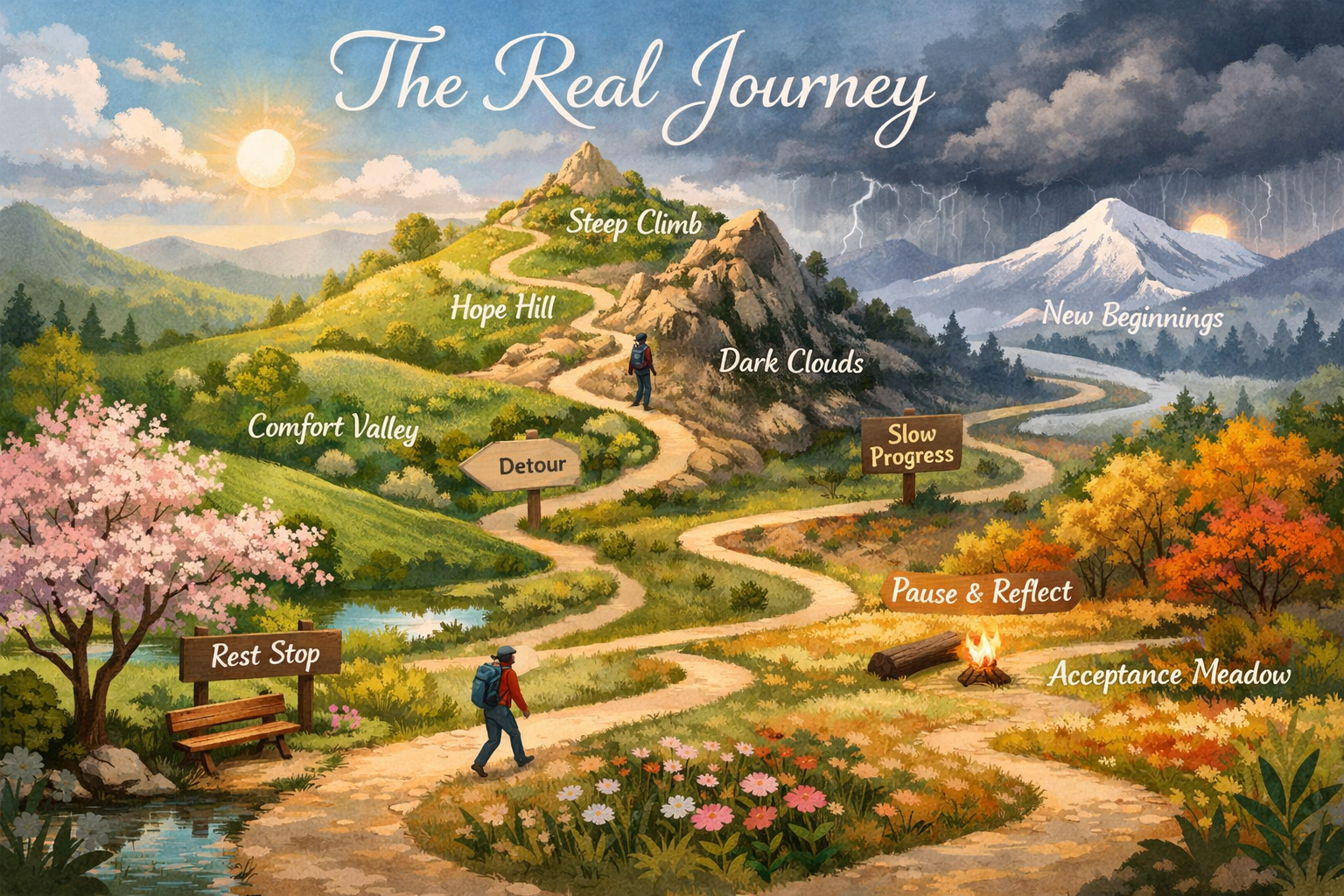 Landscape format (1536x1024) conceptual image showing winding path through seasons representing healing journey, with multiple stops, detour