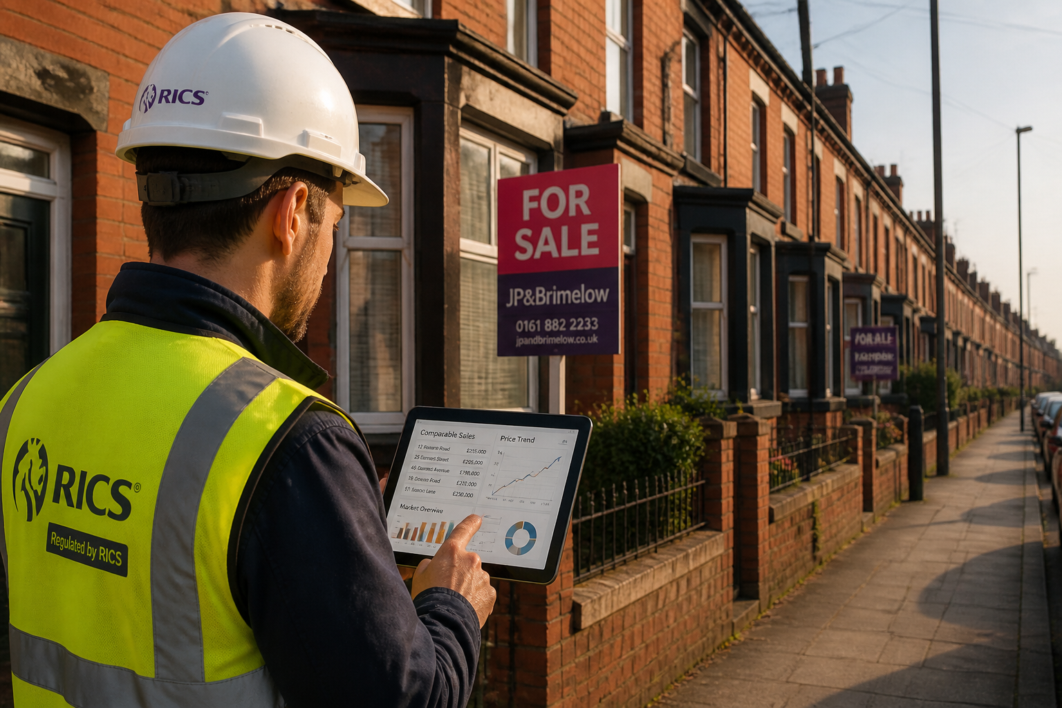 () showing a professional RICS-certified surveyor in hard hat and hi-vis vest conducting a property valuation inspection on