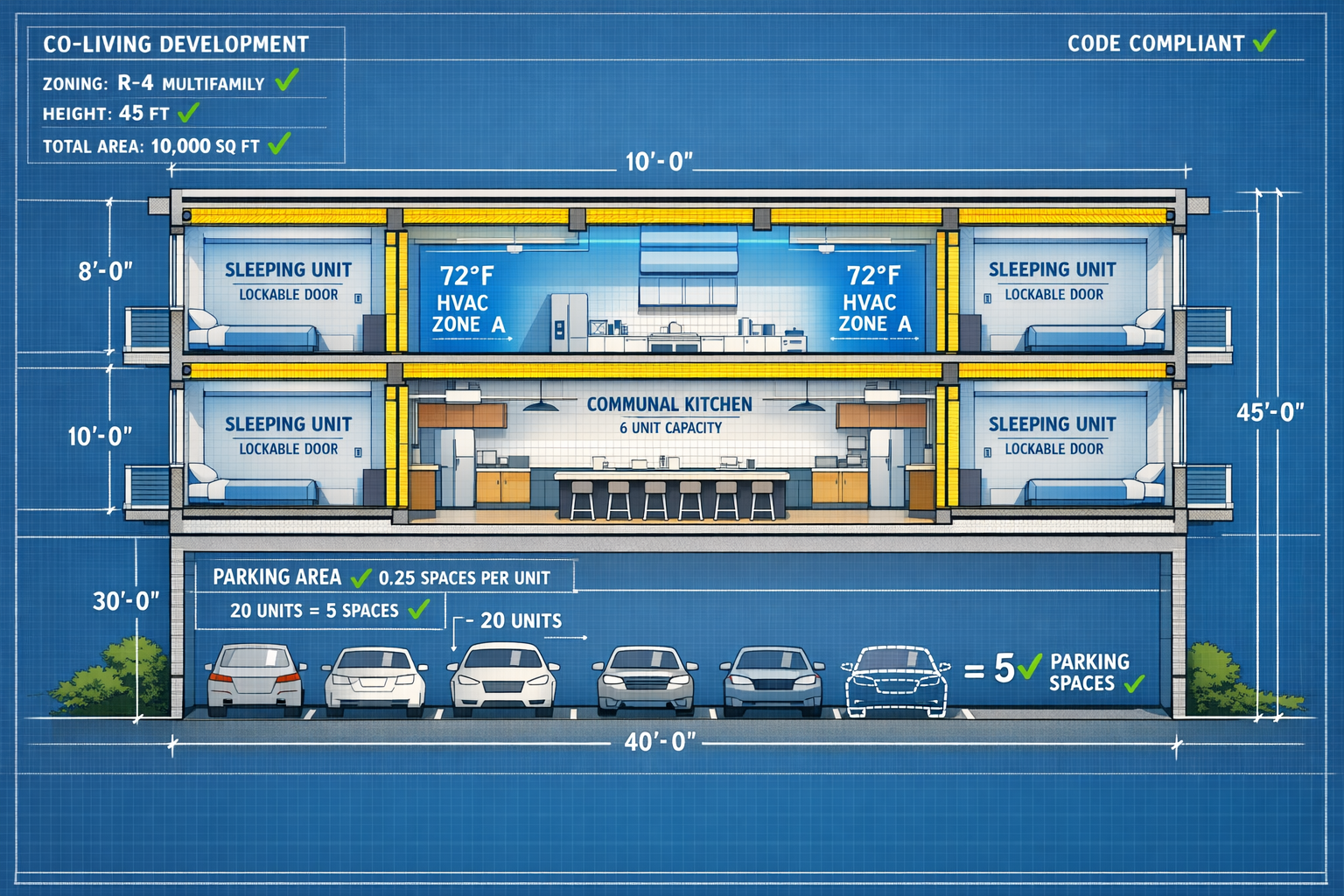 () detailed architectural cross-section illustration of co-living development showing individual 250 square foot sleeping