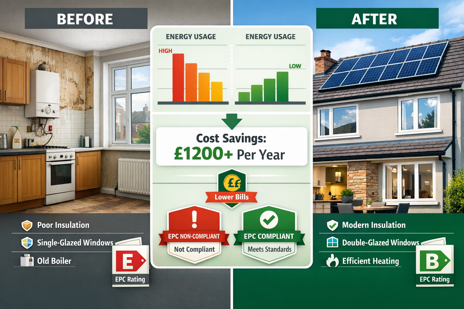 () split-screen comparison showing before and after EPC energy efficiency upgrades in co-living property. Left side displays