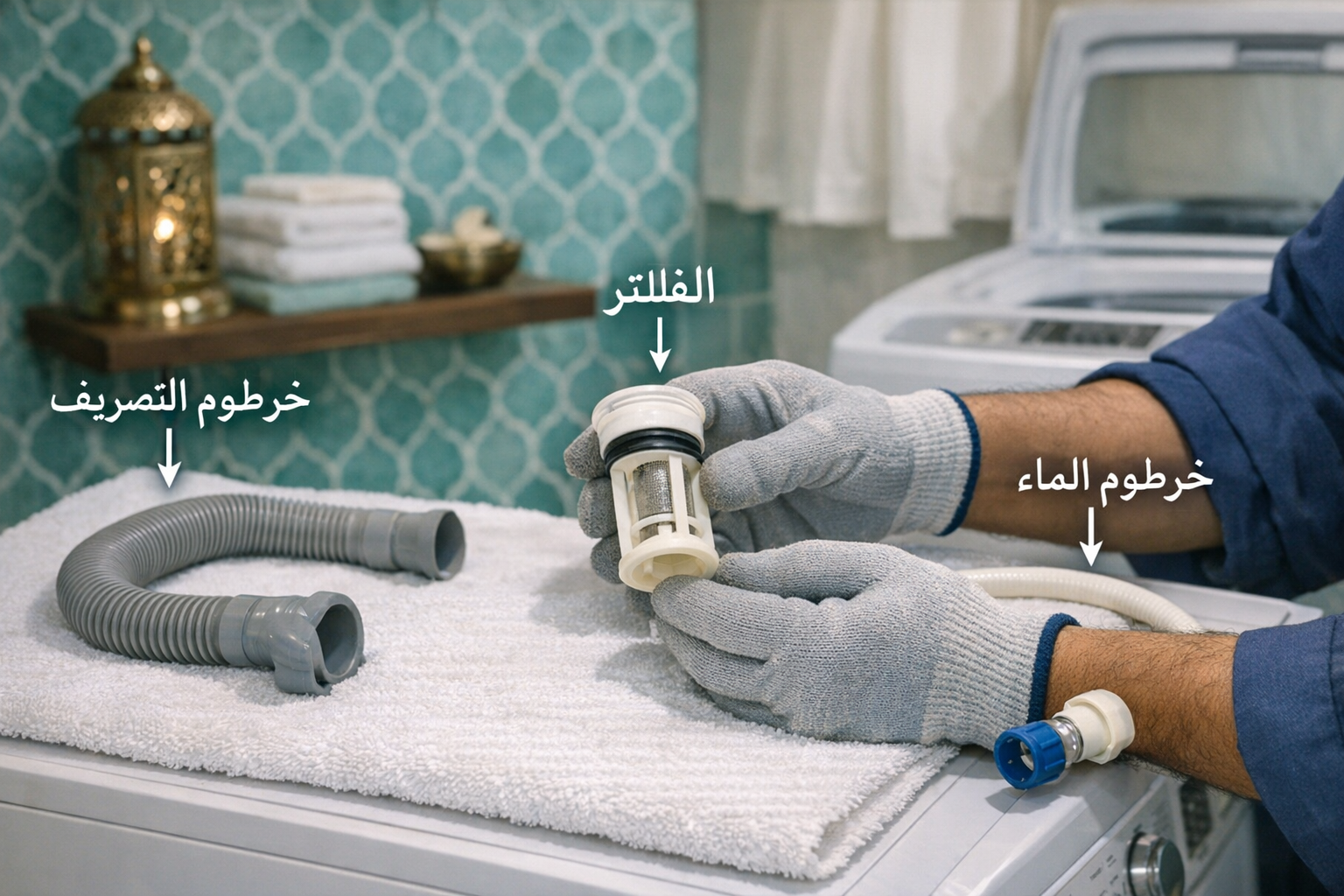 Detailed () editorial image showing a side-angle view of a technician's hands (gloved, placed on a clean white towel. Arabic