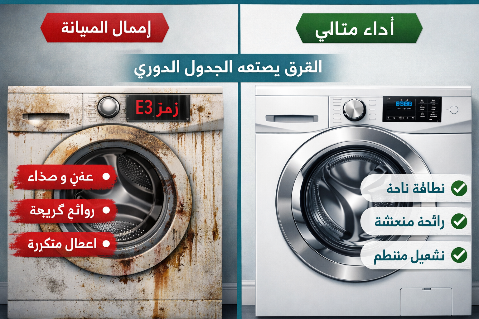 Detailed () editorial infographic-style image showing a split-screen comparison: left side shows a neglected washing machine