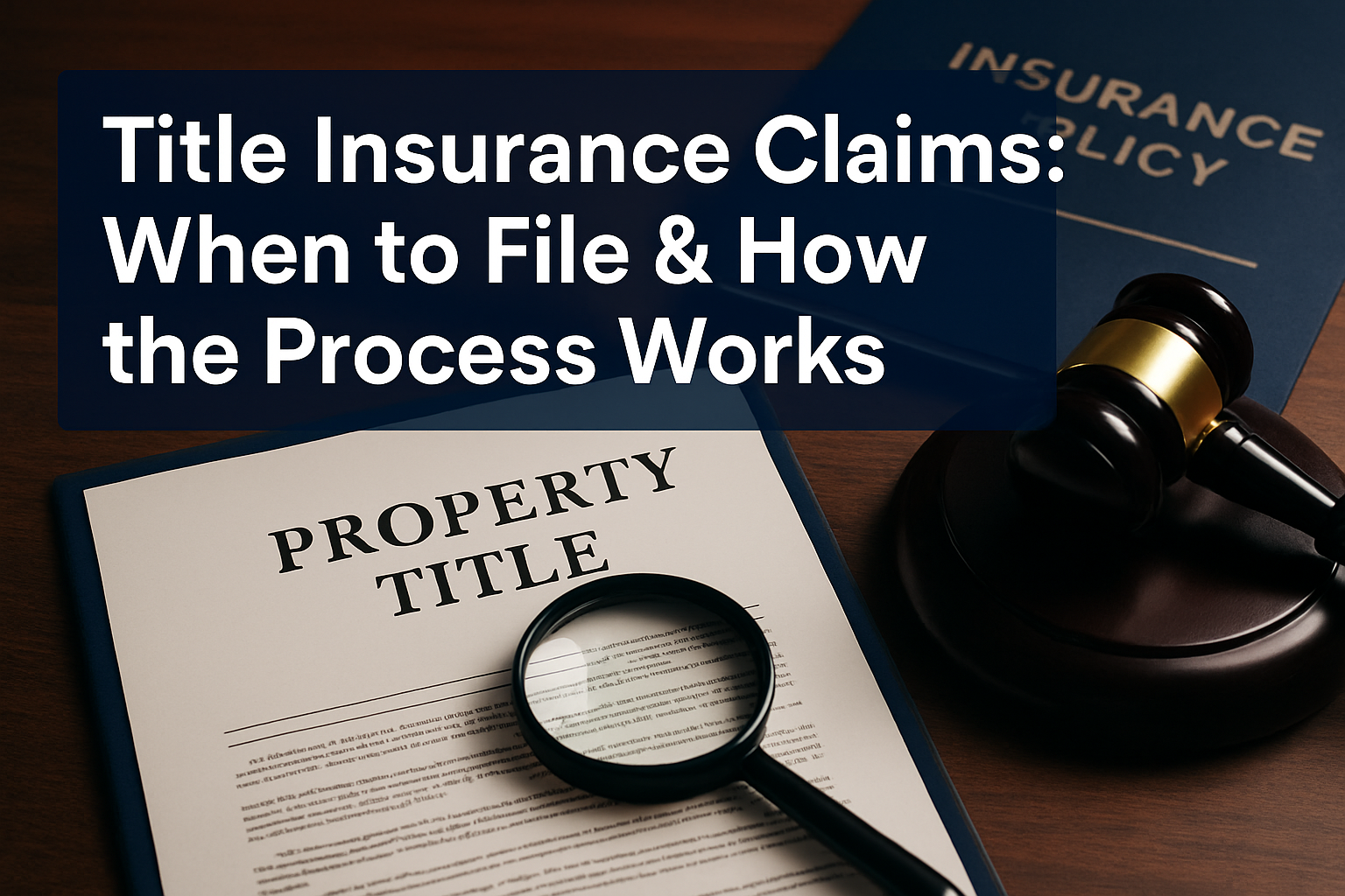 Professional landscape hero image (1536x1024) featuring bold text overlay 'Title Insurance Claims: When to File & How the Process Works' in 