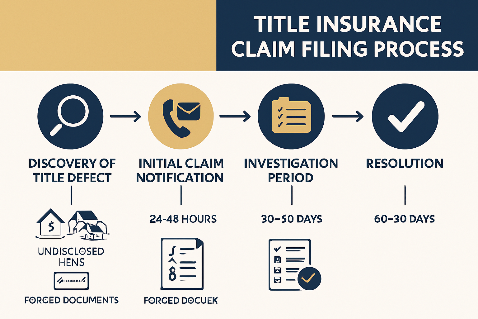 Detailed landscape infographic (1536x1024) showing timeline flowchart of title insurance claim filing process with five distinct stages mark
