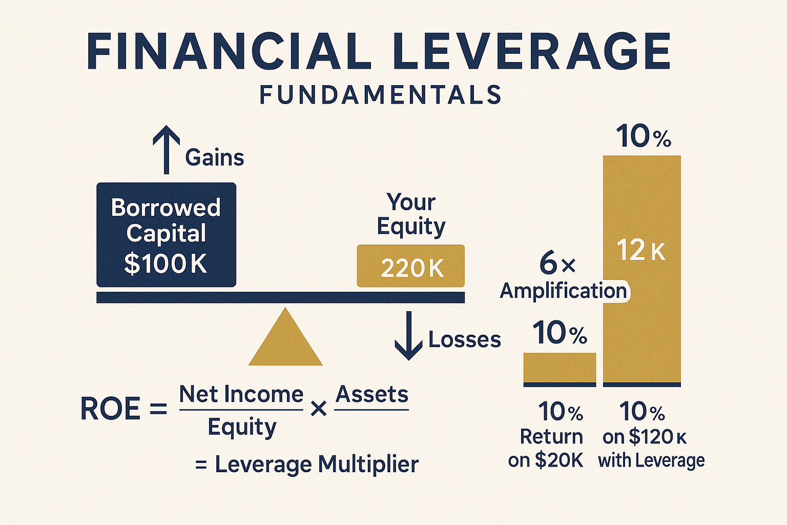 Detailed infographic illustration showing the fundamental mechanics of financial leverage with visual fulcrum diagram, one side labeled 'Bor