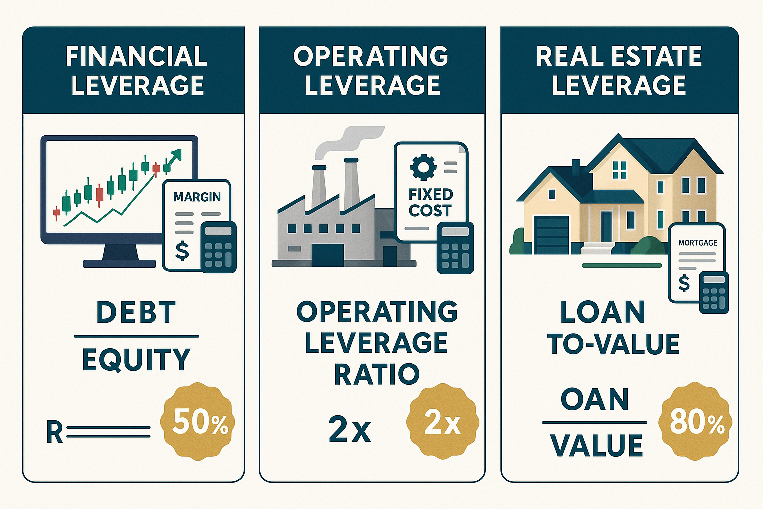 Comprehensive visual comparison table showing different types of leverage across investing and business contexts. Left column displays 'Fina