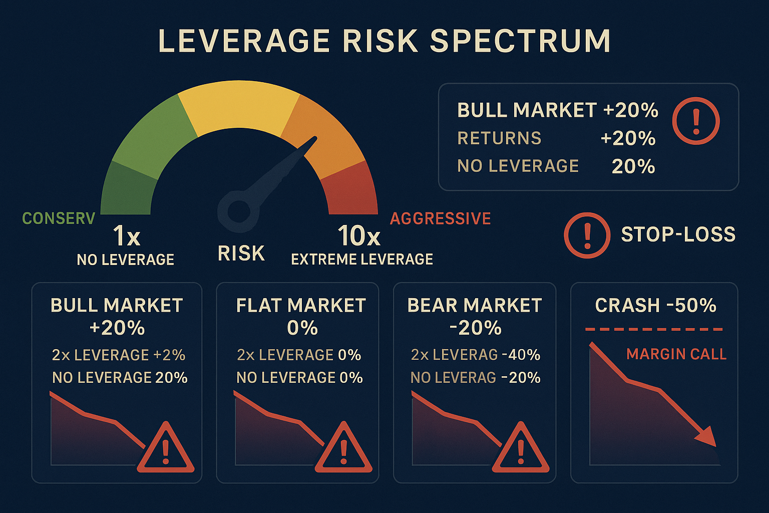 Detailed risk visualization dashboard showing leverage risk spectrum from conservative to aggressive. Display gauge meter ranging from 1x (n