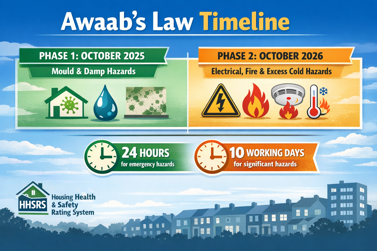 () detailed infographic showing Awaab's Law timeline with two distinct phases: Phase 1 (October 2025) highlighted in green