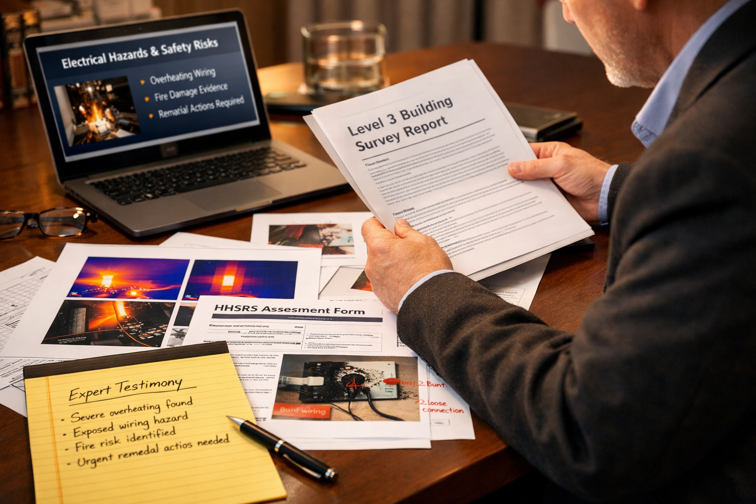 () professional photograph of expert witness preparation scene showing RICS-qualified surveyor reviewing Level 3 building