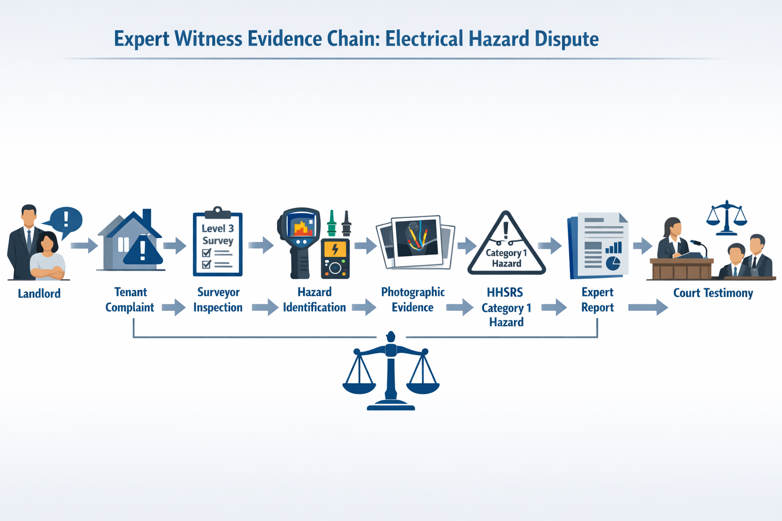 () technical diagram illustrating expert witness evidence chain for electrical hazard dispute: flowchart showing progression