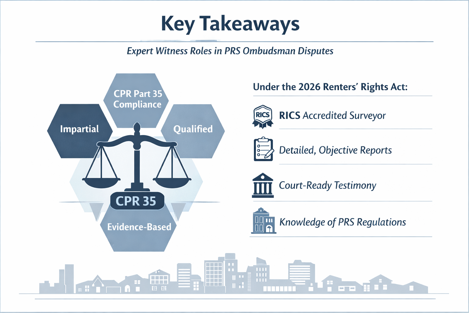 Key Takeaways section infographic showcasing critical insights about Expert Witness Roles in PRS Ombudsman Disputes, with a