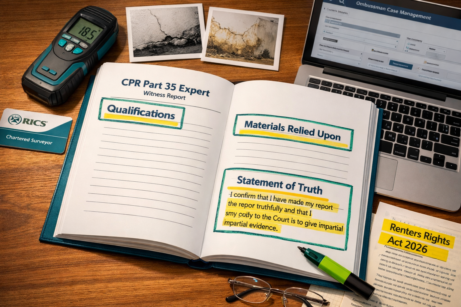 () close-up aerial desk shot showing a building surveyor's CPR Part 35 expert witness report spread open, with annotations