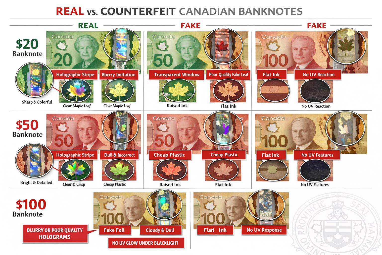Detailed landscape image (1536x1024) showing comparison chart of real versus counterfeit Canadian $20, $50, and Section Image00 bills side-by-side with