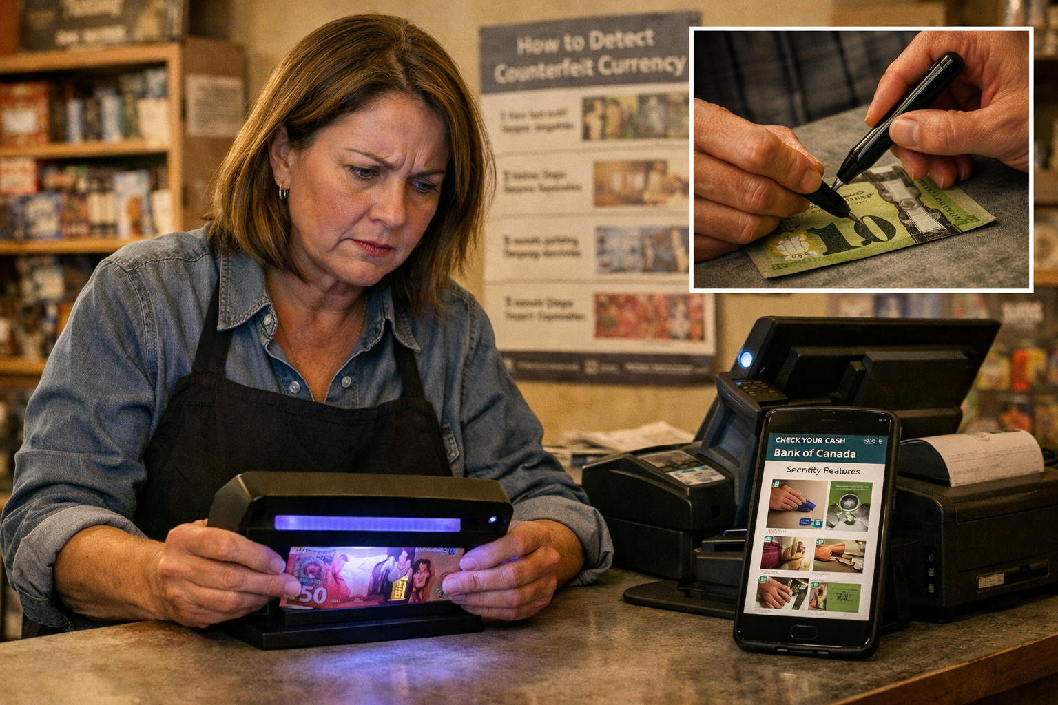 Landscape editorial photograph (1536x1024) depicting Ontario small business owner at cash register examining Canadian bill under UV light de