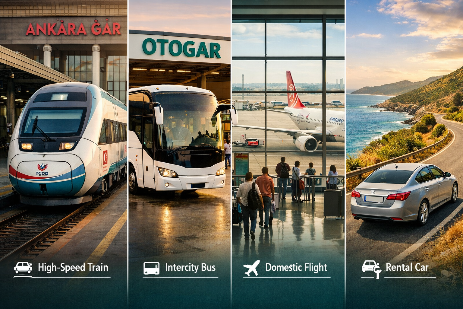Detailed () editorial infographic-style image showing four transport modes side by side in Turkey: a modern YHT high-speed