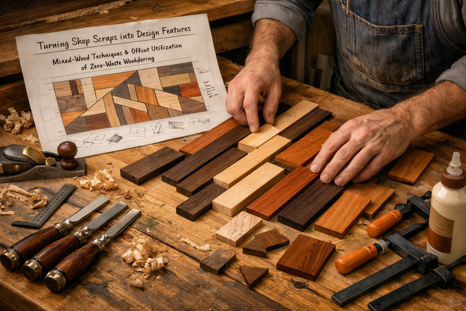 Detailed landscape format (1536x1024) image of a skilled woodworker carefully arranging various contrasting wood offcuts (e.g., dark walnut,