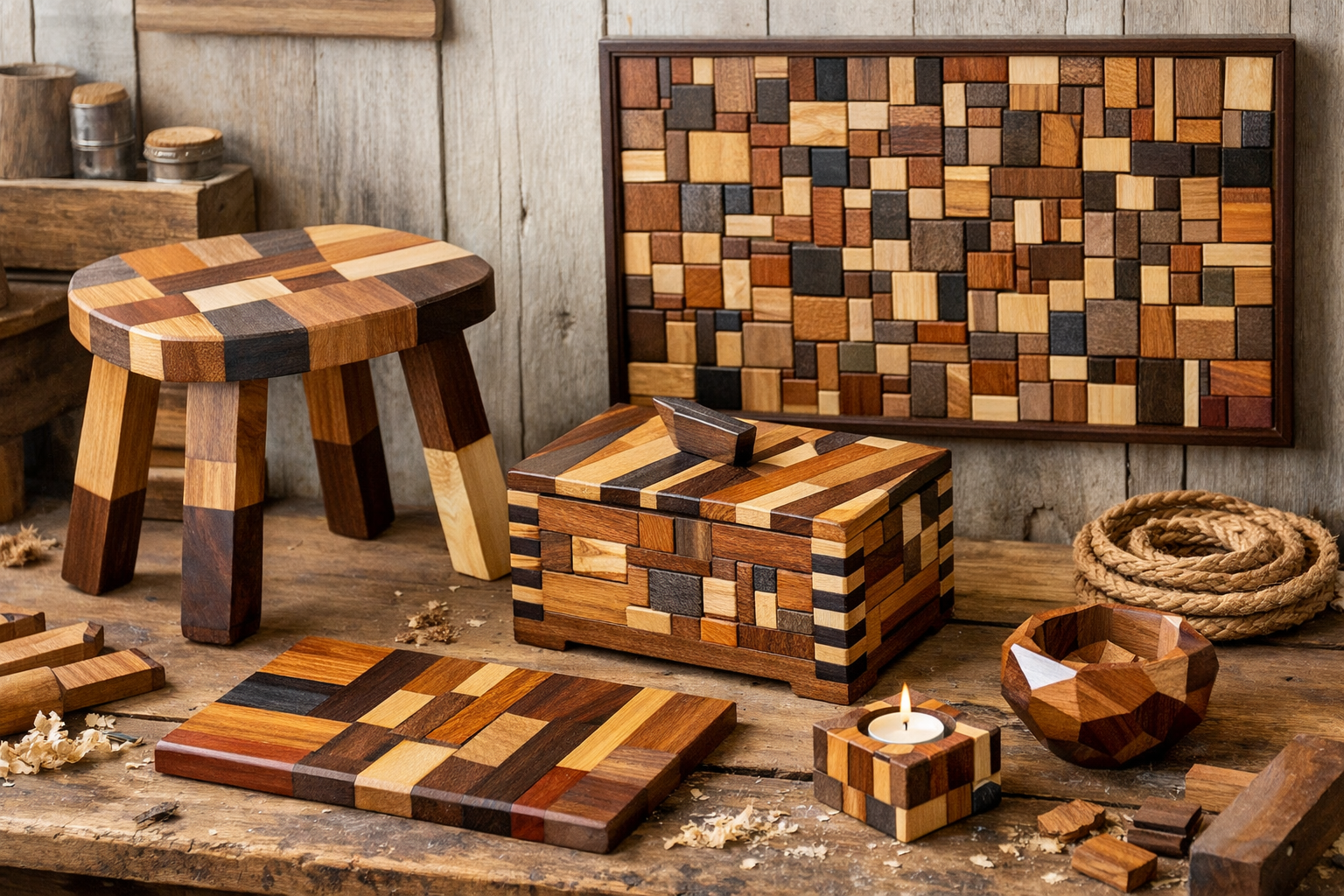 Detailed landscape format (1536x1024) image showcasing several finished woodworking pieces that demonstrate creative offcut utilization. Exa