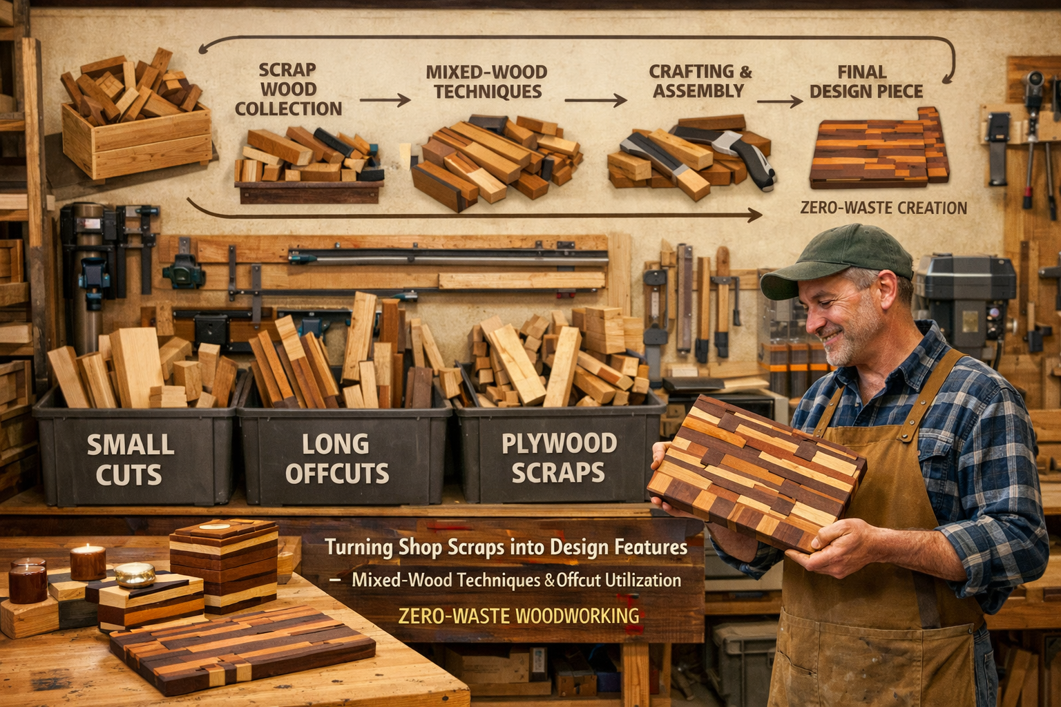 Detailed landscape format (1536x1024) image depicting a well-organized woodworking shop with designated bins for different types of wood off