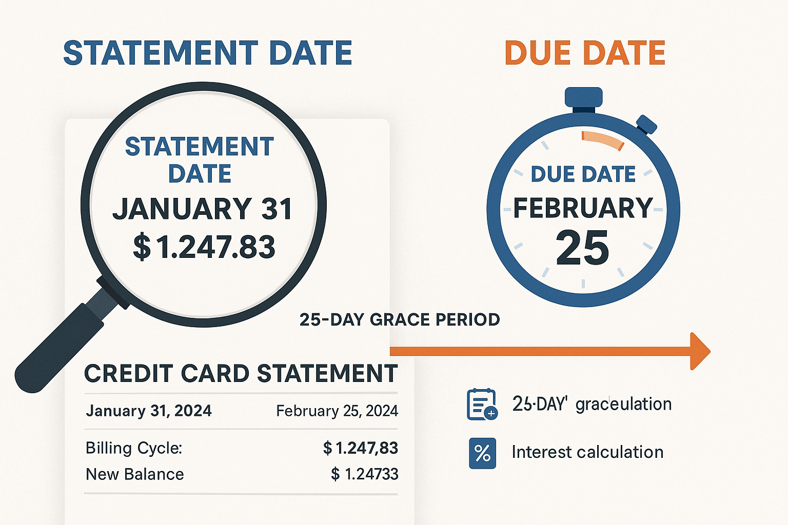 Detailed infographic illustration (1536x1024) showing side-by-side comparison of statement date versus due date on actual credit card statem