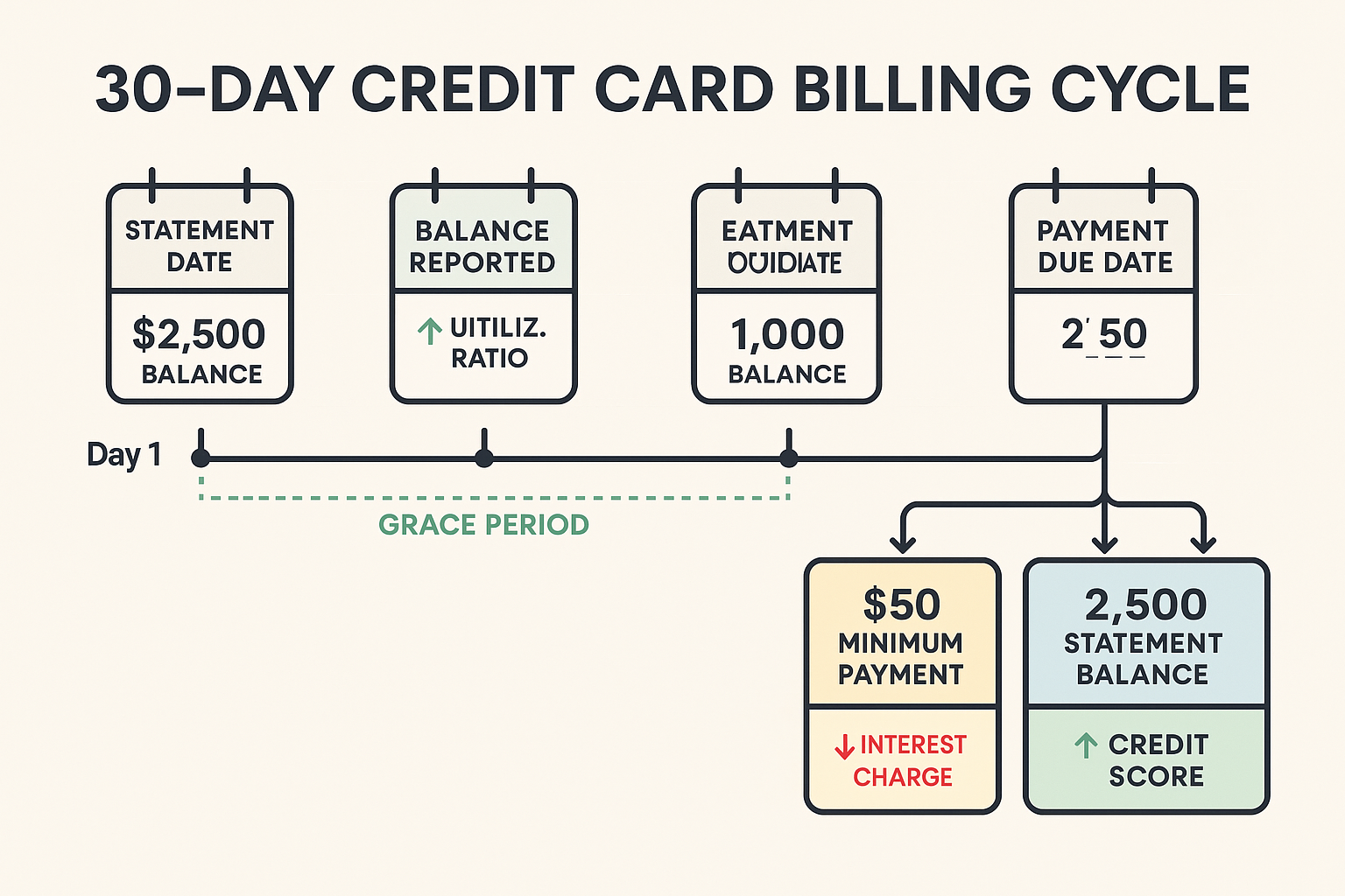 Comprehensive visual timeline chart (1536x1024) illustrating complete 30-day credit card billing cycle from statement date through due date 