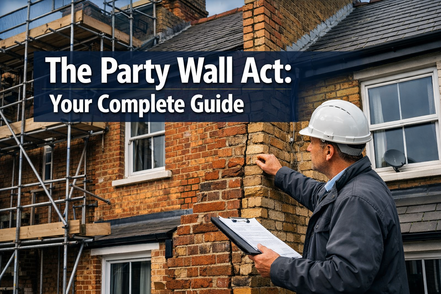 Professional landscape hero image (1536x1024) featuring bold text overlay 'The Party Wall Act: Your Complete Guide' in extra large 72pt whit