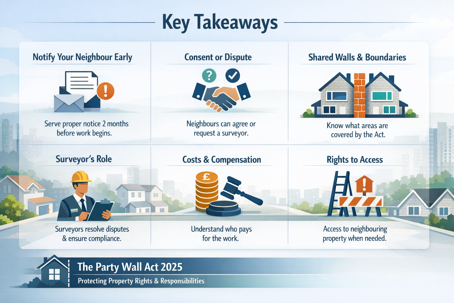 Professional landscape infographic (1536x1024) for article "The Party Wall Act: Your Complete Guide to Understanding Property Rights and Res