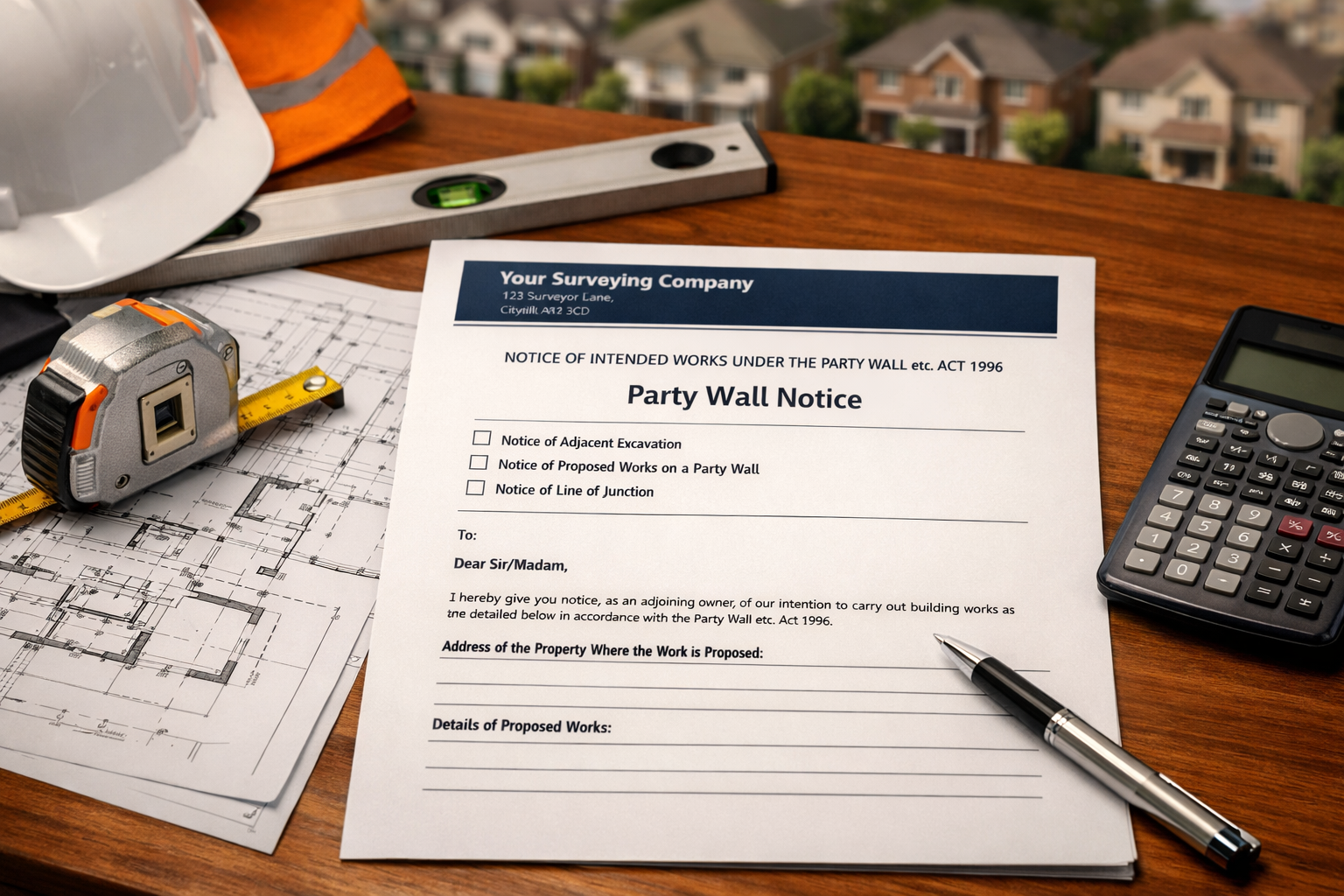 Professional landscape photograph (1536x1024) depicting formal party wall notice document on desk with architectural plans, surveyor's measu