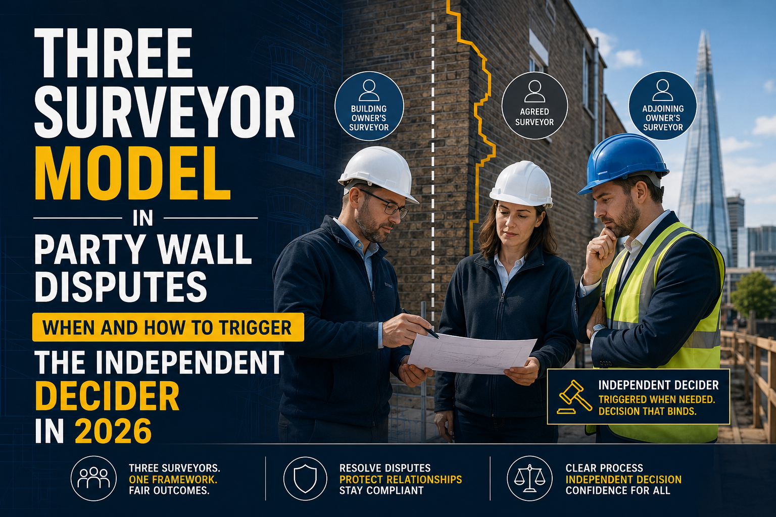 Professional landscape hero image () with : "Three Surveyor Model in Party Wall Disputes: When and How to Trigger the