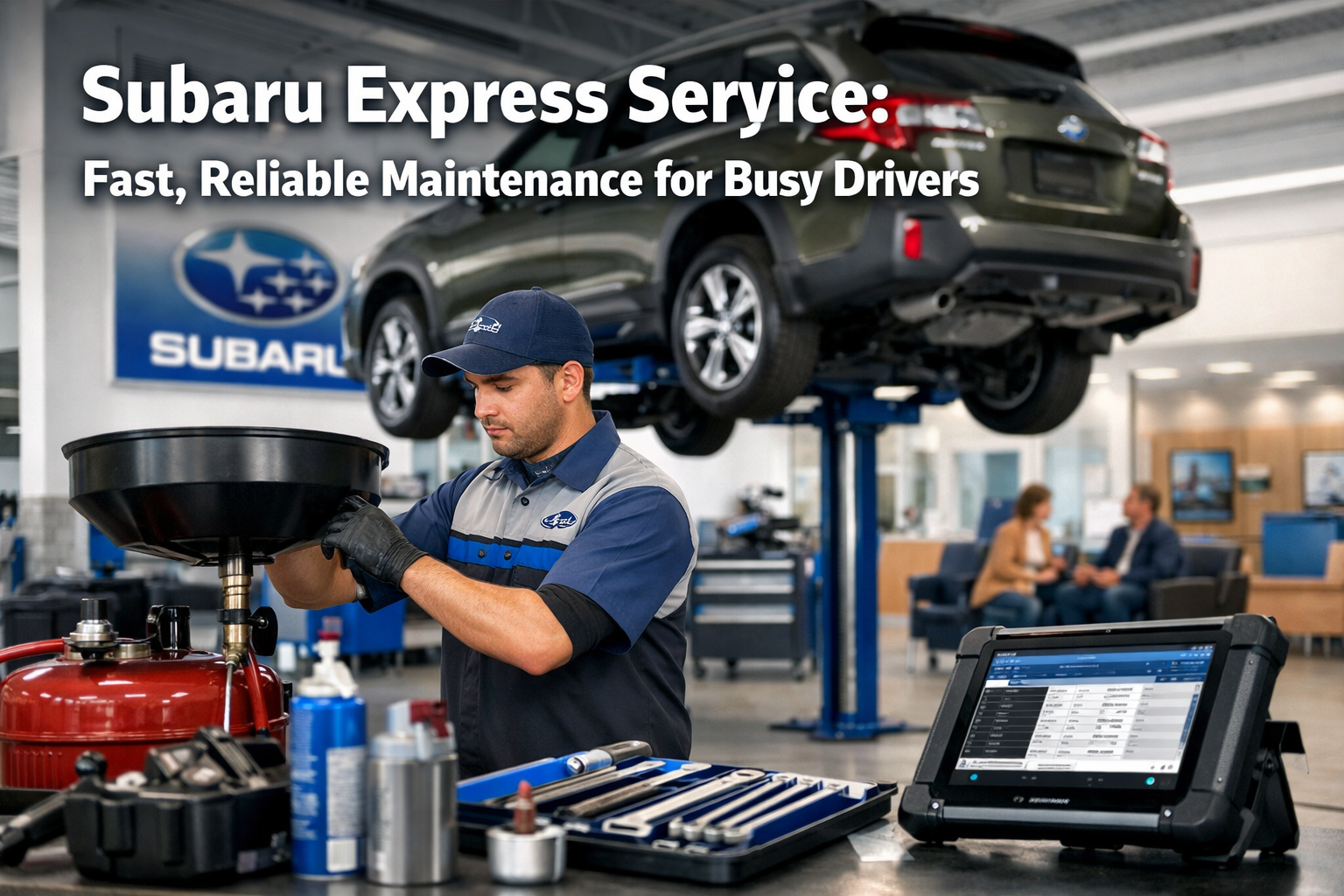 Professional landscape hero image (1536x1024) featuring bold text overlay 'Subaru Express Service: Fast, Reliable Maintenance for Busy Drive