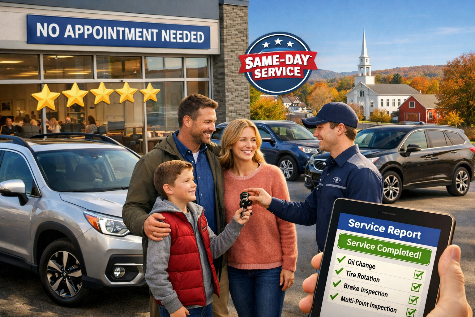 Engaging landscape editorial image (1536x1024) showcasing satisfied Subaru owners and express service convenience in Suffield CT area. Main
