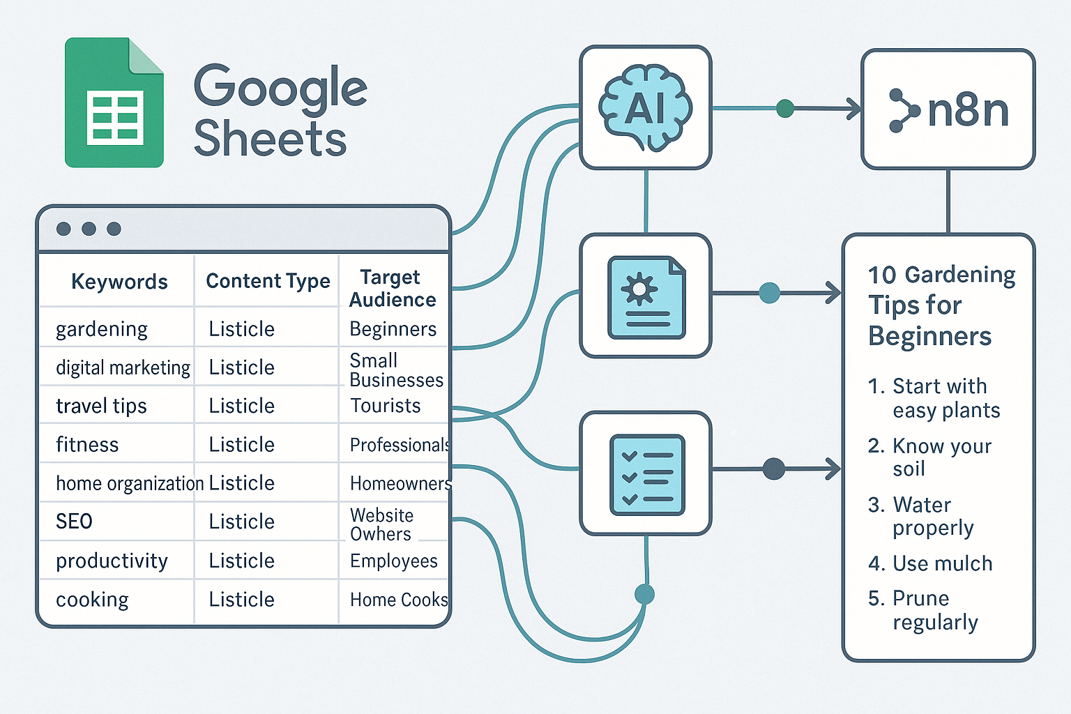 Detailed technical illustration showing Google Sheets interface with topic seed data in columns (keywords, content type, target audience) co