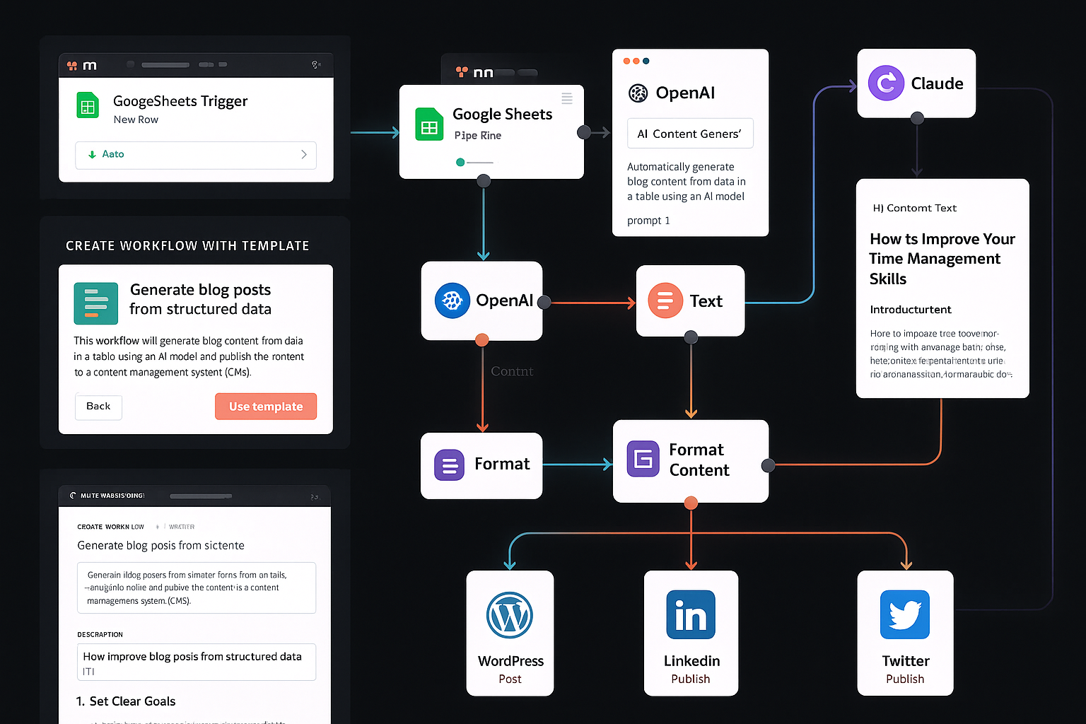 Comprehensive workflow diagram displaying n8n automation platform with multiple connected nodes including Google Sheets triggers, OpenAI/Cla