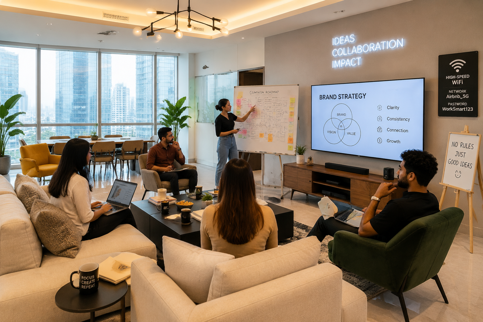 Detailed () image focusing on a stylish, whiteboards with ideas, high-speed internet indicators, and comfortable, ergonomic
