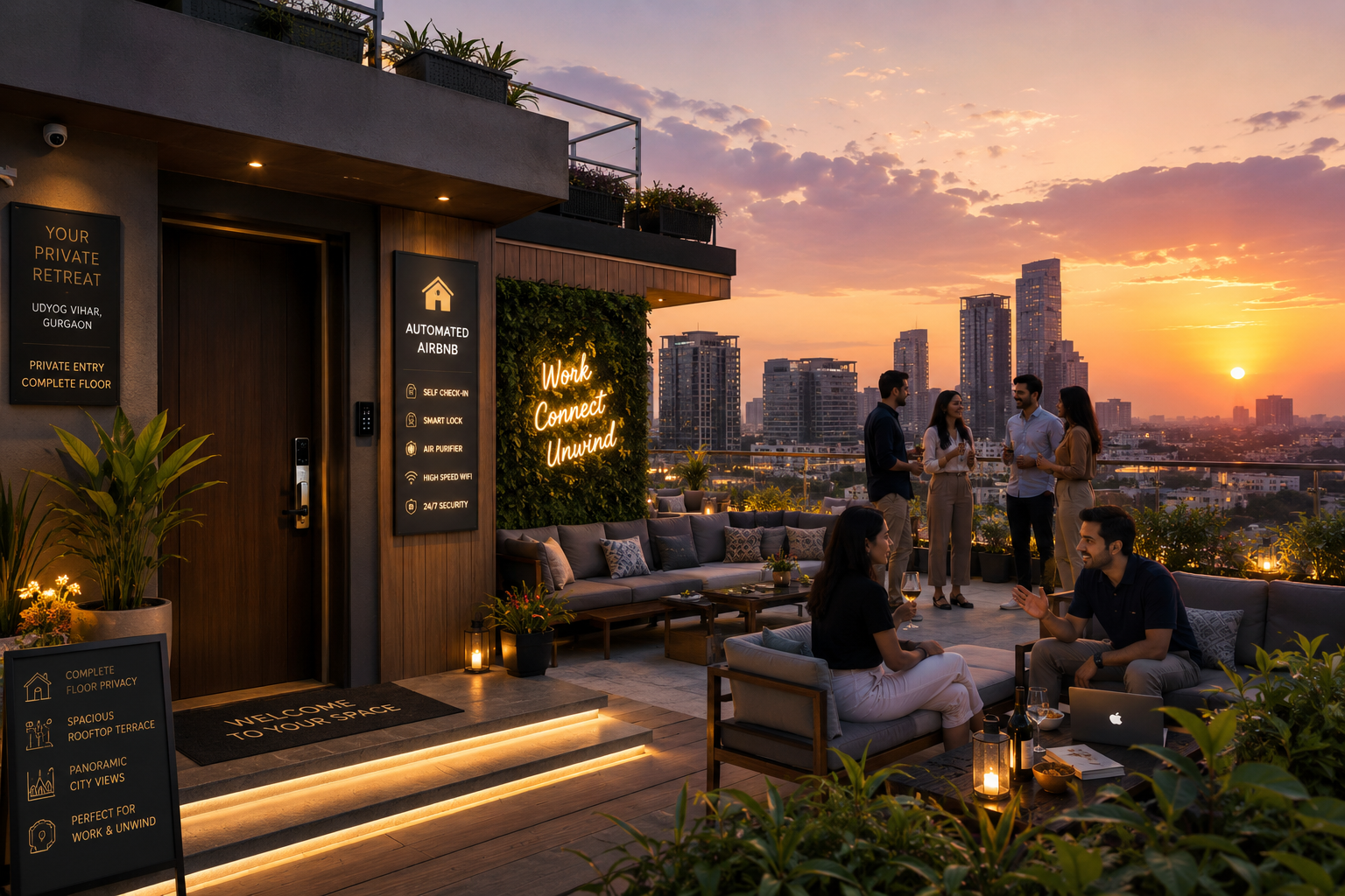 Detailed () image depicting the exterior of a chic, automated Airbnb property with a private entrance and a spacious rooftop