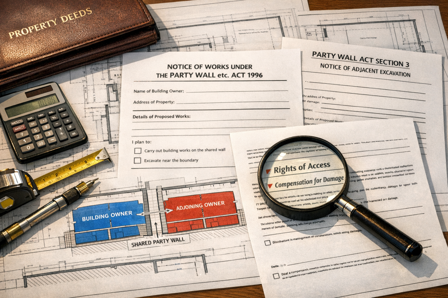 Detailed landscape format (1536x1024) image showing close-up of party wall legal documentation and notices laid out on architectural plans f