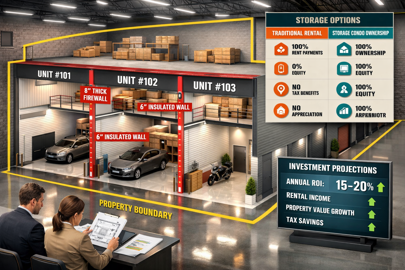 Detailed landscape format (1536x1024) infographic-style image showing cutaway architectural rendering of storage condo facility with multipl