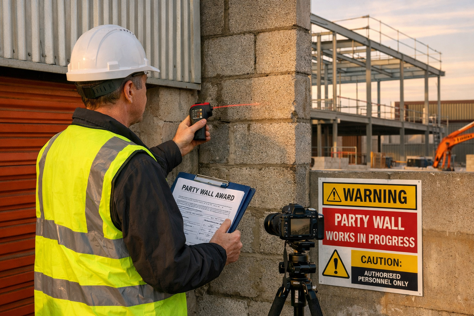 Detailed landscape format (1536x1024) image depicting party wall surveyor conducting site inspection at self-storage facility expansion proj