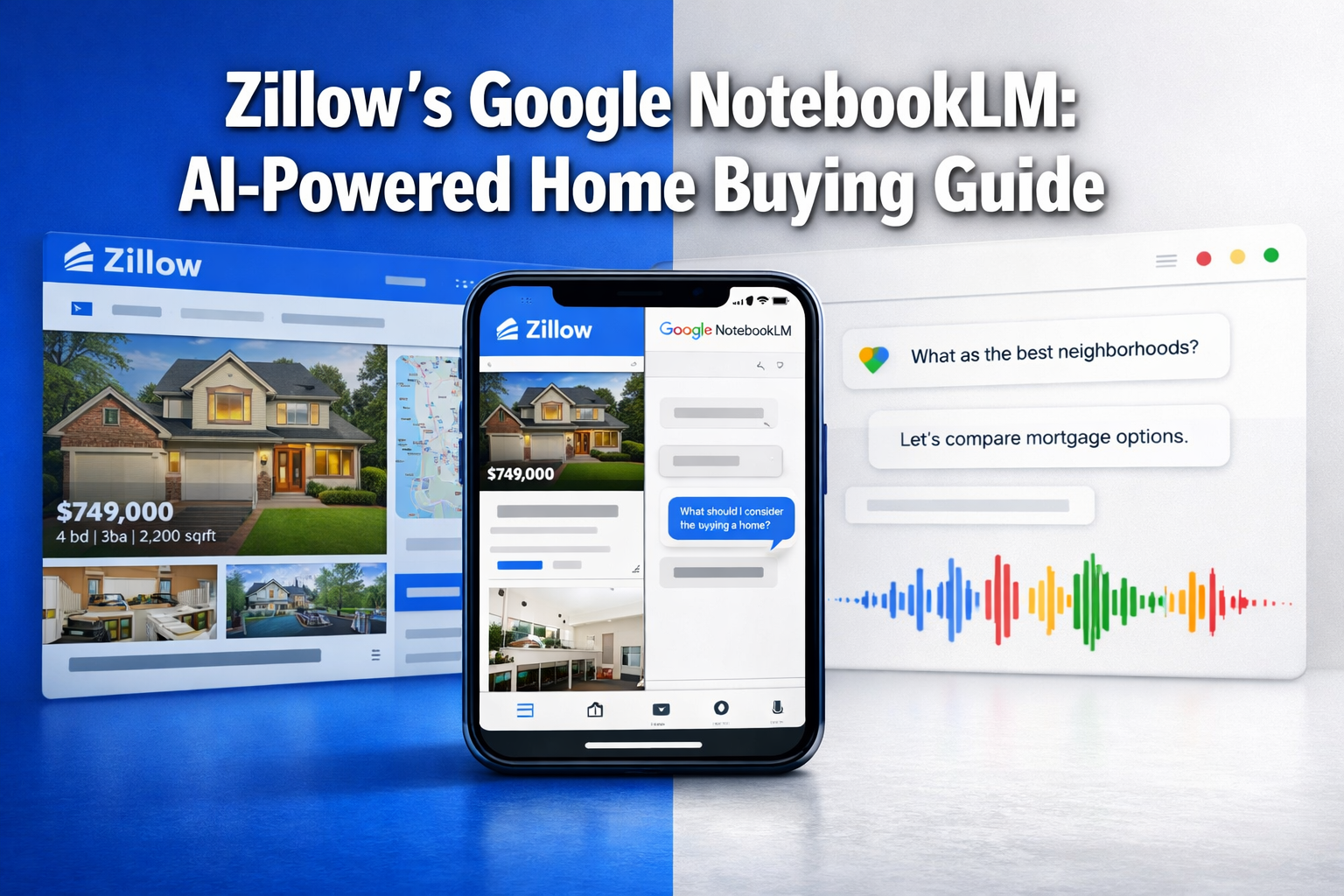 Professional landscape format (1536x1024) hero image featuring bold text overlay 'Zillow's Google NotebookLM: AI-Powered Home Buying Guide' 