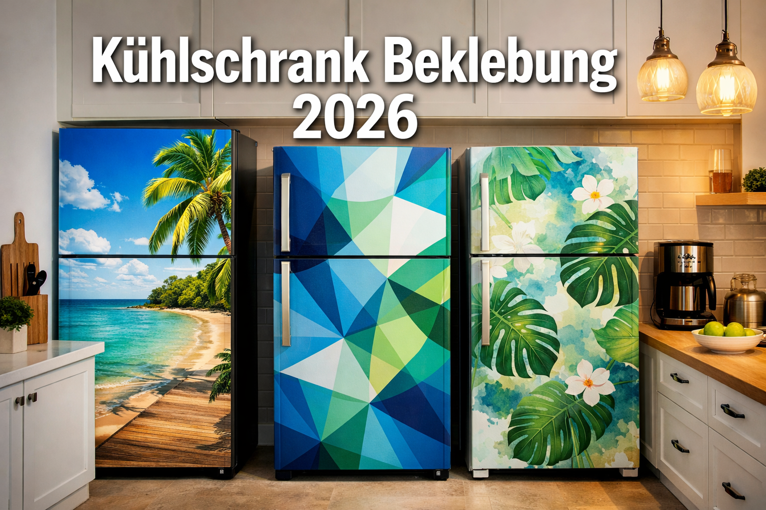 Professional landscape format (1536x1024) hero image with bold text overlay 'Kühlschrank Beklebung 2026' in extra large 72pt white sans-seri