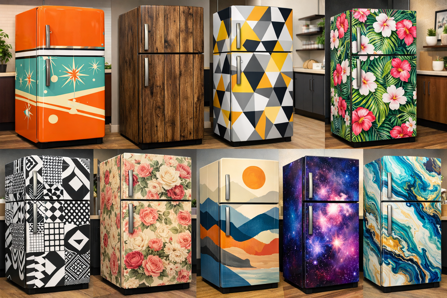 Landscape format (1536x1024) collage displaying diverse refrigerator wrap designs including retro patterns, wood grain textures, geometric s
