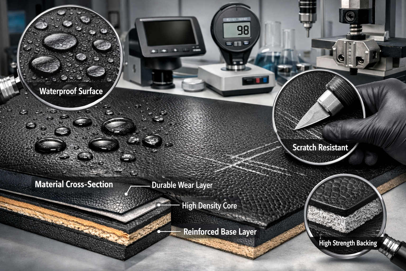 Landscape format (1536x1024) detailed close-up of high-quality vinyl material showing waterproof surface, scratch resistance demonstration,