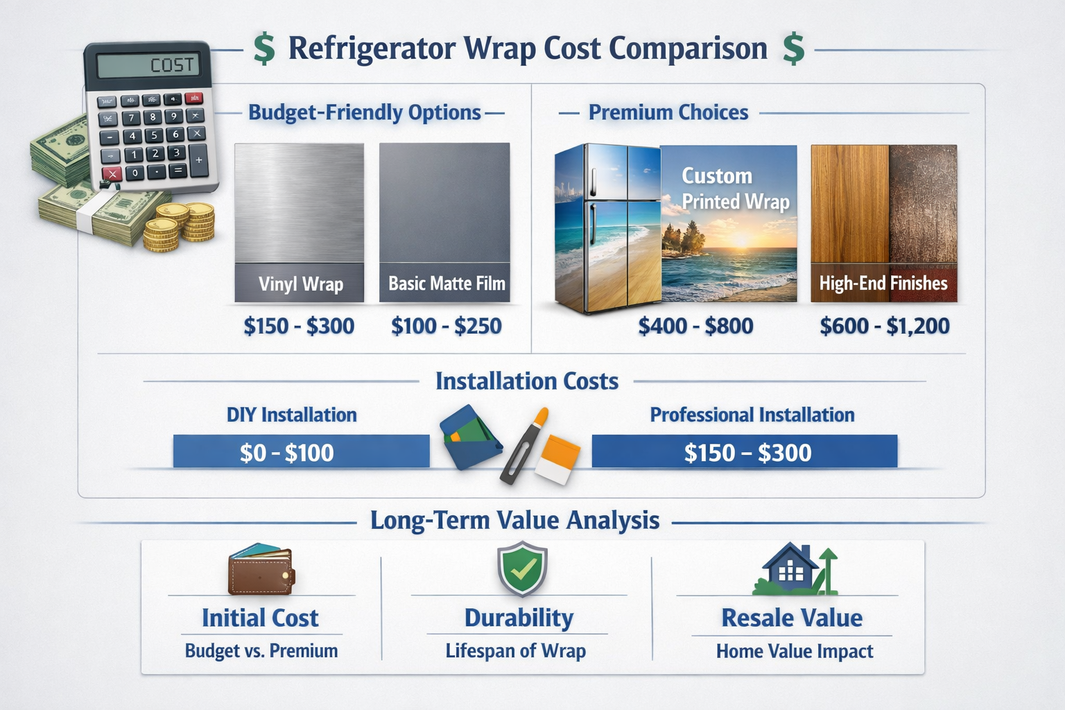 Landscape format (1536x1024) cost comparison infographic showing price ranges for different refrigerator wrap options, budget-friendly vs pr