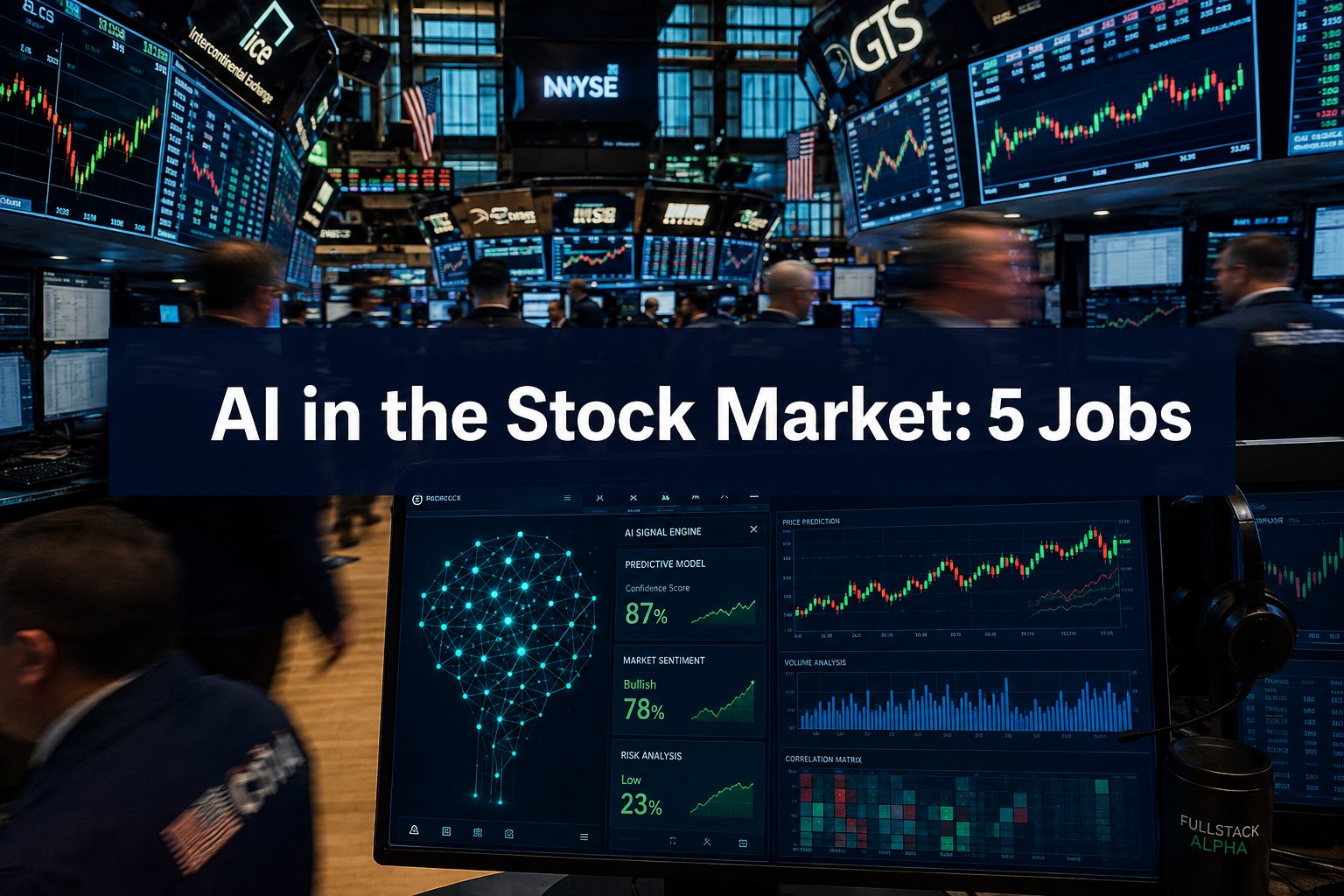 Professional () hero image with (≤42 chars): 'AI in the Stock Market: 5 Jobs' in crisp white centered on a deep navy
