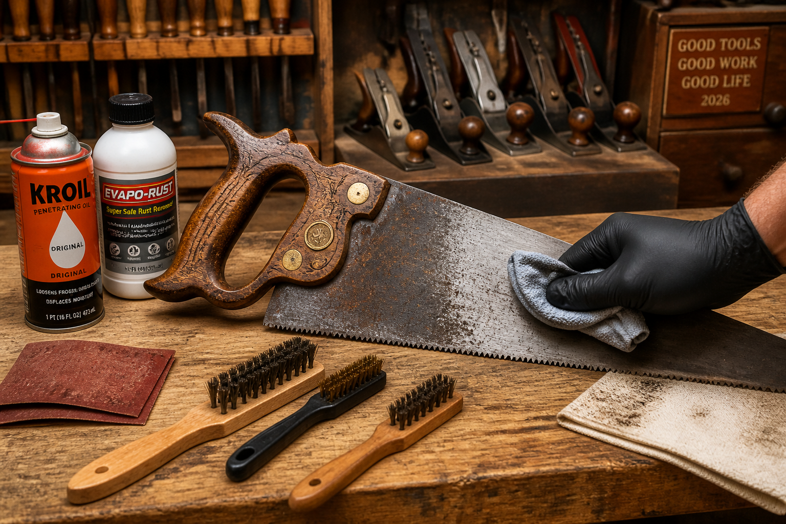 A detailed, well-lit landscape photograph showing the initial stages of hand saw restoration on a sturdy workbench in 2026.