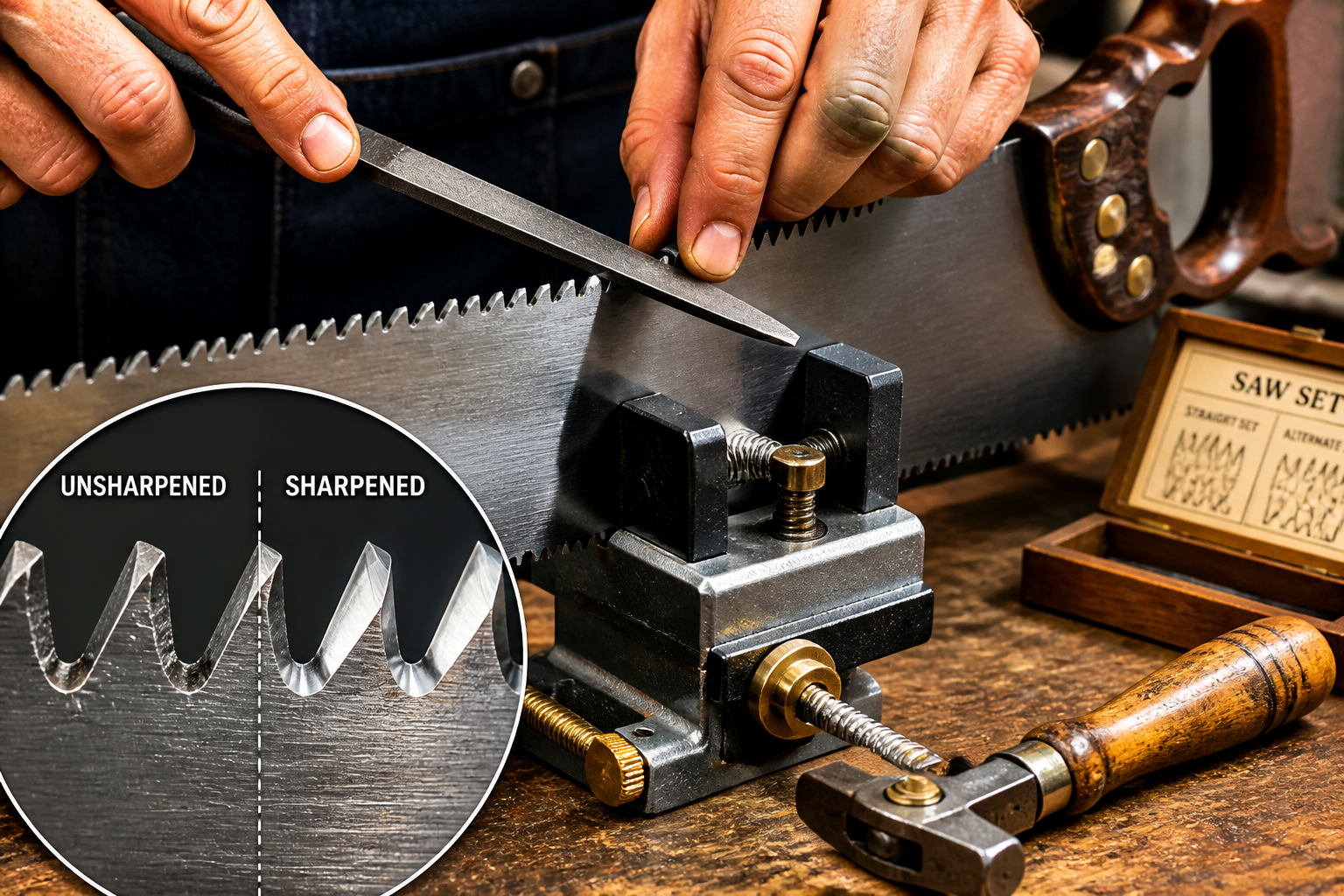 A close-up, dynamic landscape photograph illustrating the sharpening process of a hand saw on a specialized saw vise. The