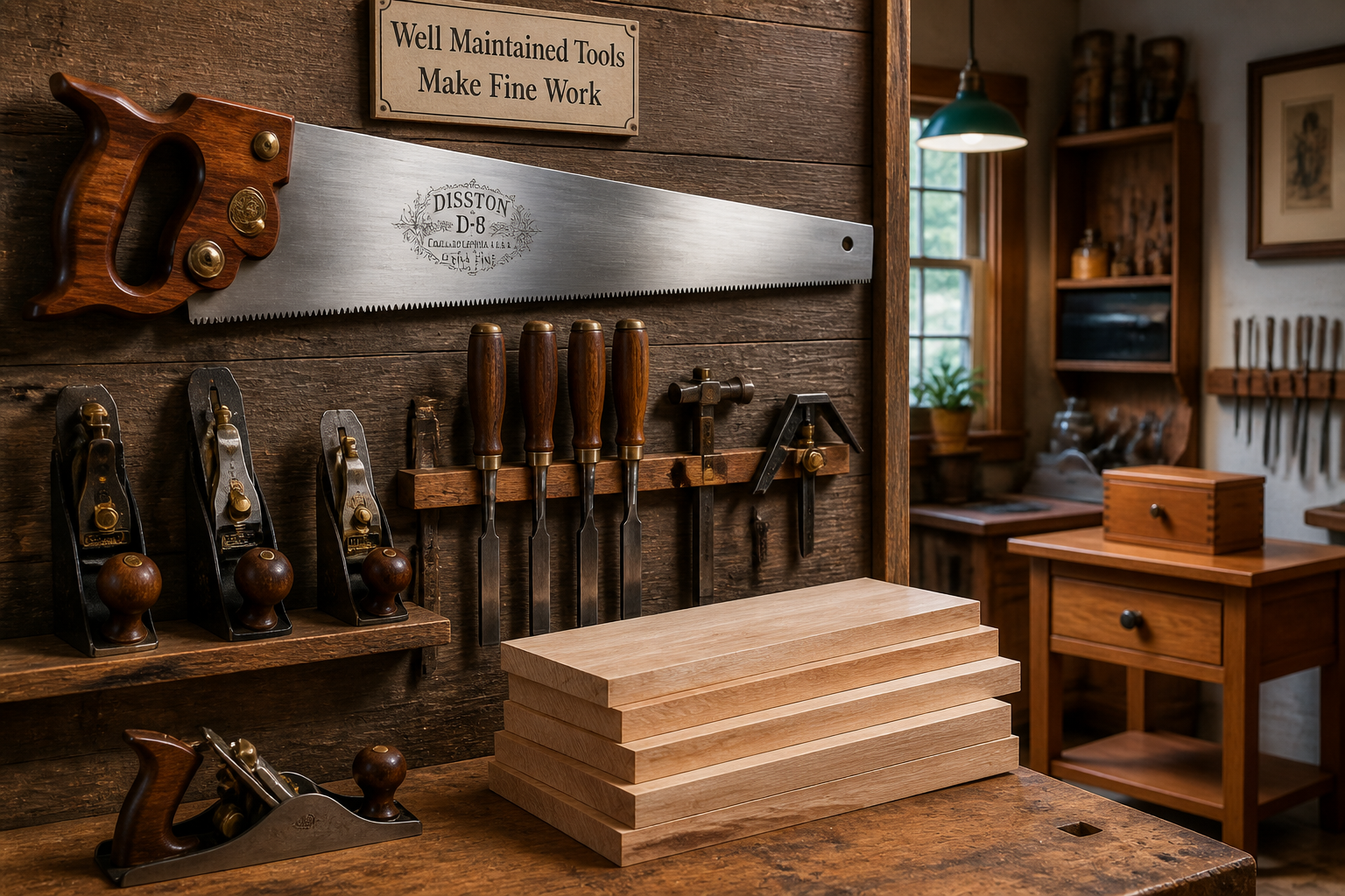 An inspiring landscape photograph showcasing a beautifully restored and sharpened vintage hand saw hanging proudly on a
