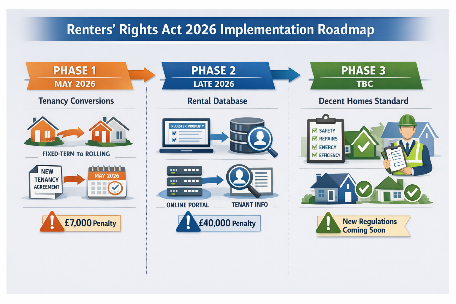() detailed infographic showing three-phase timeline roadmap for Renters' Rights Act 2026 implementation with Phase 1 (May