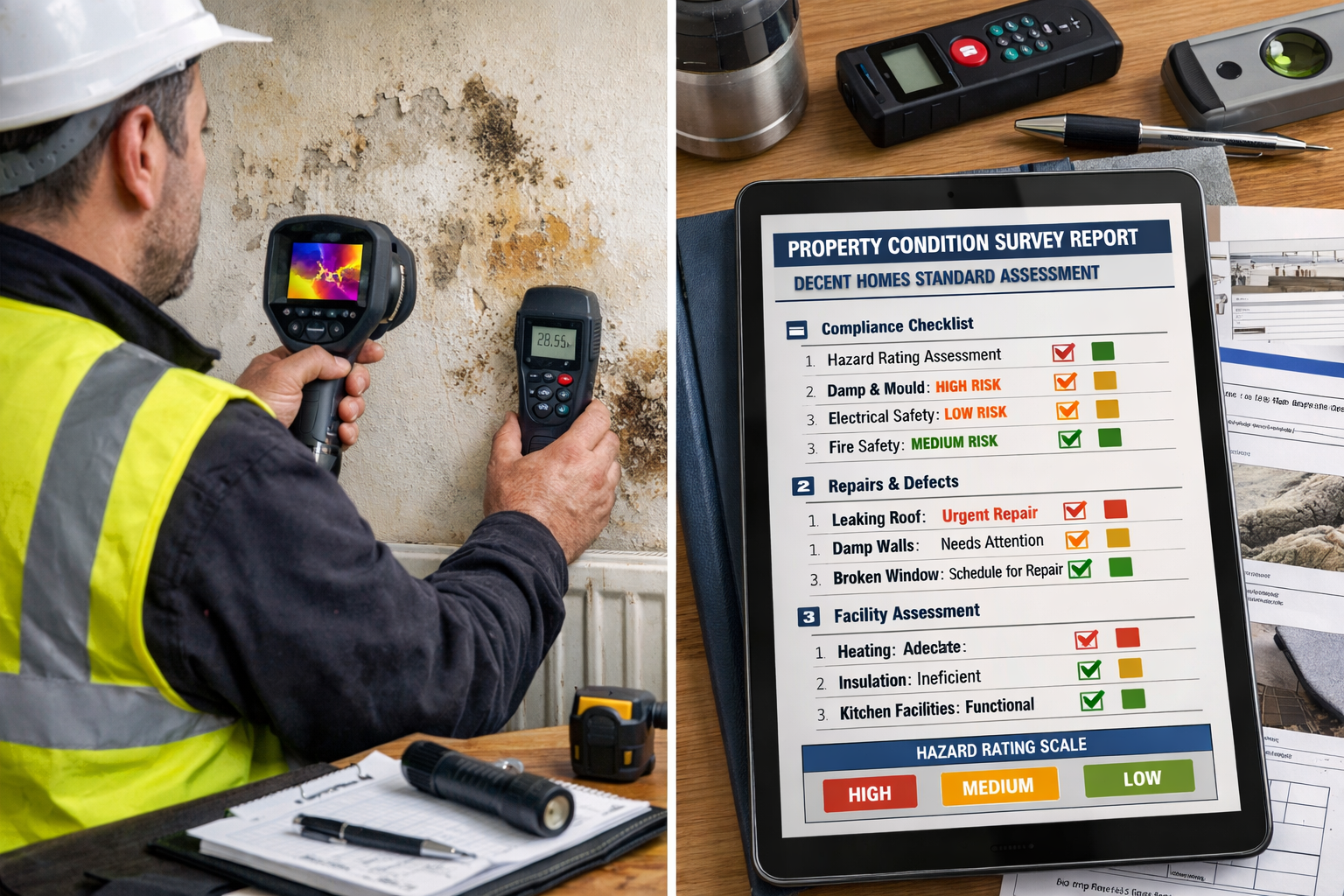 () split-screen composition showing surveyor conducting detailed property condition assessment: left side displays surveyor